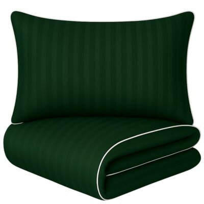 Pościel 140x200 Adamaszek butelkowa zieleń z białą lamówką Mikrofibra