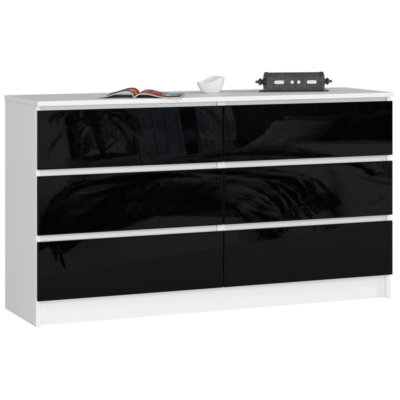 KOMODA K 140 cm 6 SZUFLAD AKRYL CZARNY WYSOKI POŁYSK