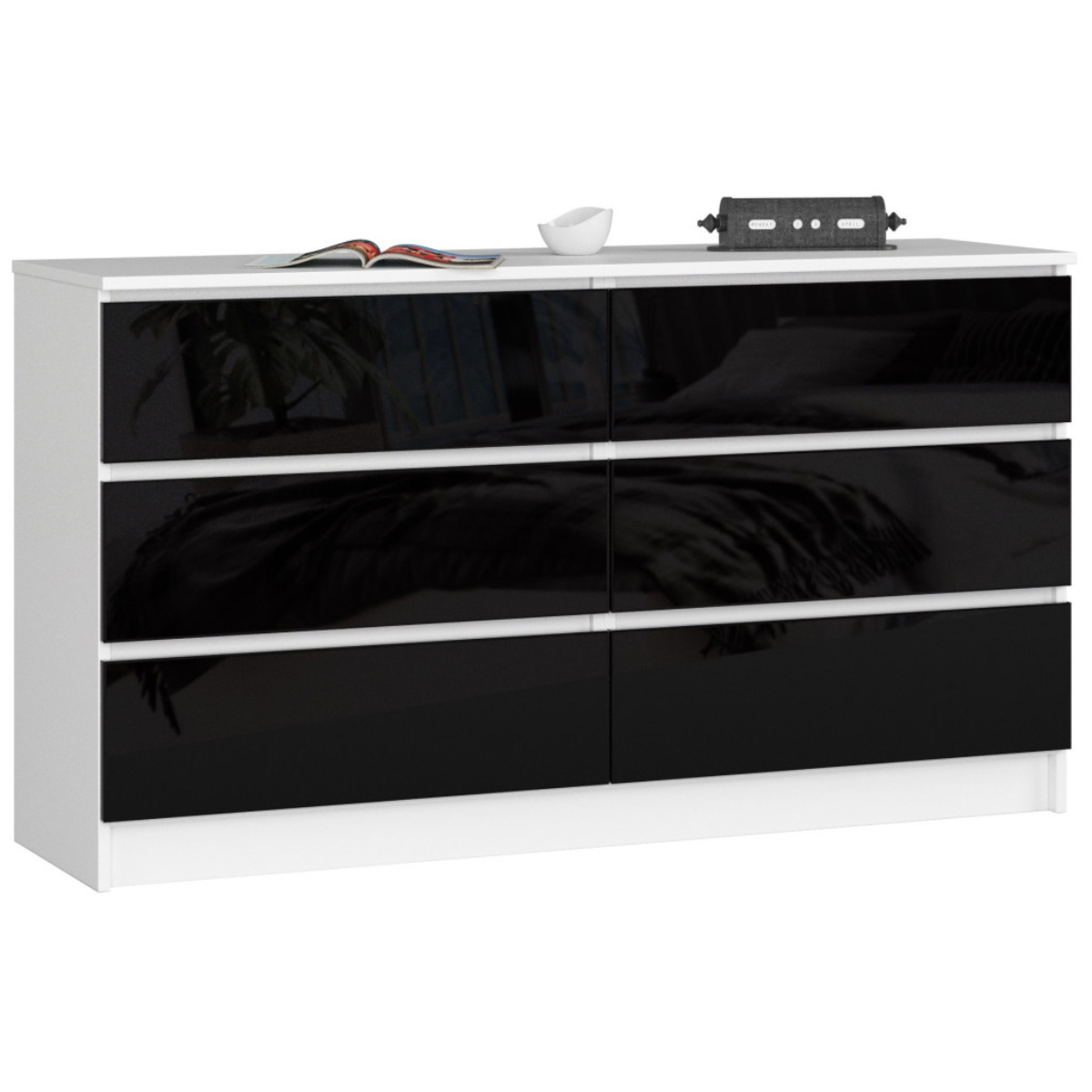 KOMODA K 140 cm 6 SZUFLAD AKRYL CZARNY WYSOKI POŁYSK