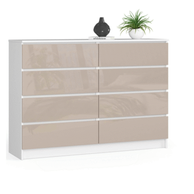 Komoda do salonu K 140 cm 8 szuflad - biała-cappuccino połysk