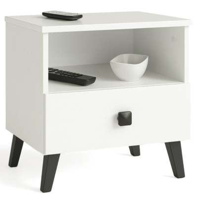 Szafka nocna MOBI 40 cm 1 szuflada 1 wnęka - biała czarne uchwyty