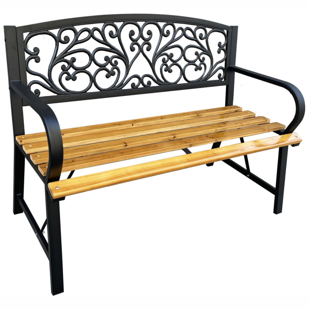 Czarna ławka ogrodowa NERINA z lakierowanym drewnem i żeliwnymi nogami